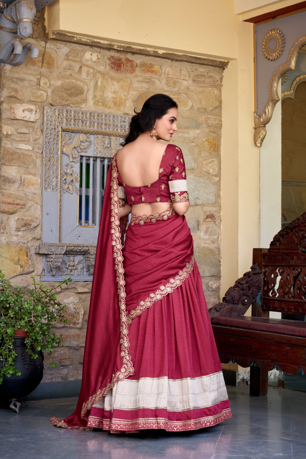 Red color vichitra silk lehenga choli for party