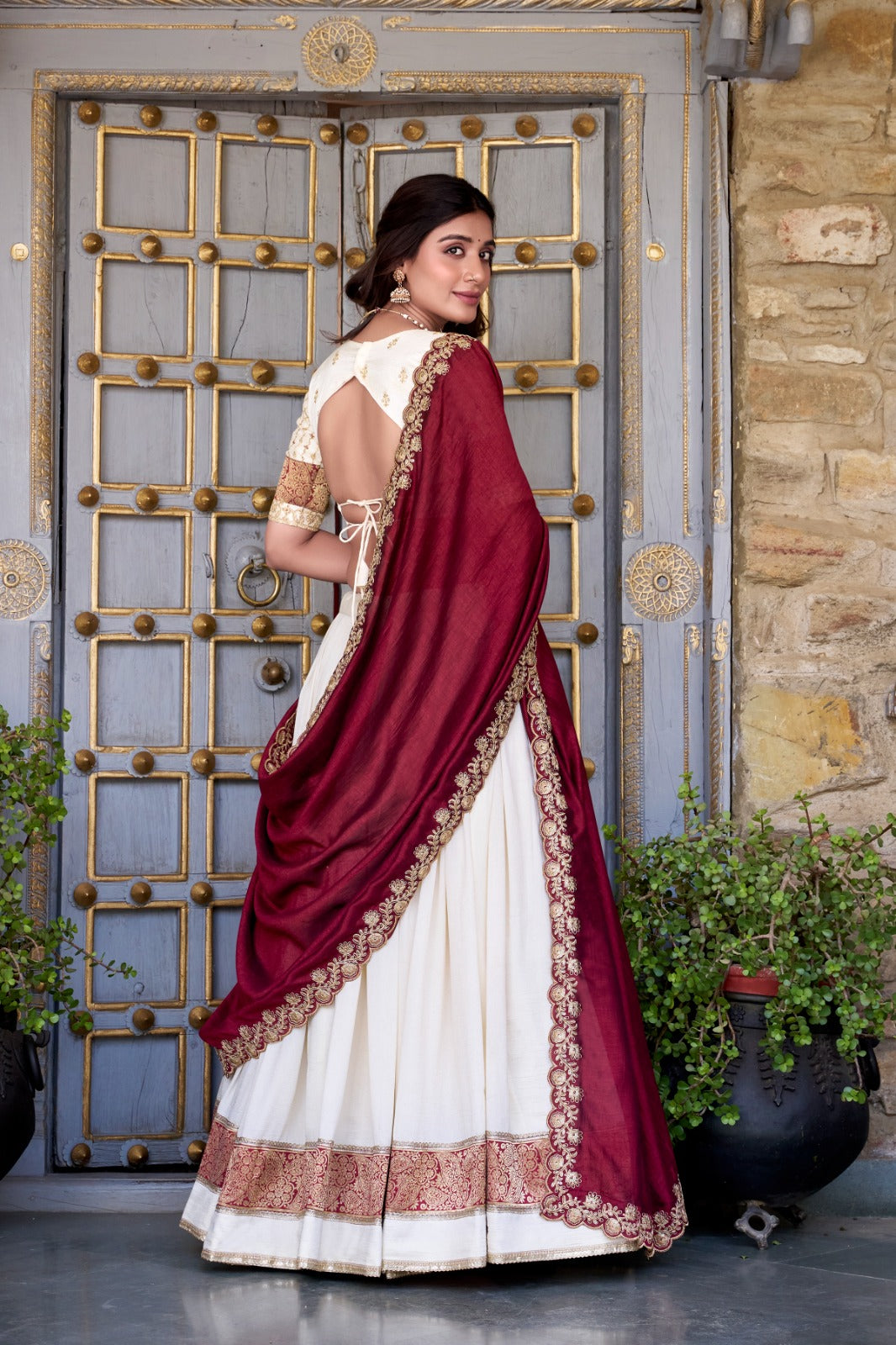 Off white color vichitra silk lehenga choli with dupatta