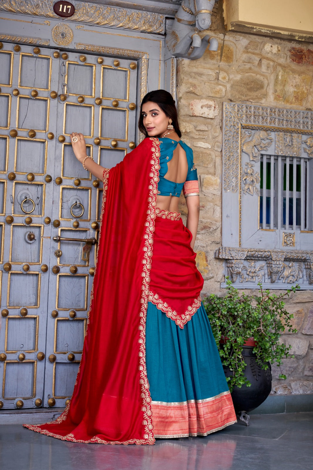 Teal color vichitra silk lehenga choli with dupatta online
