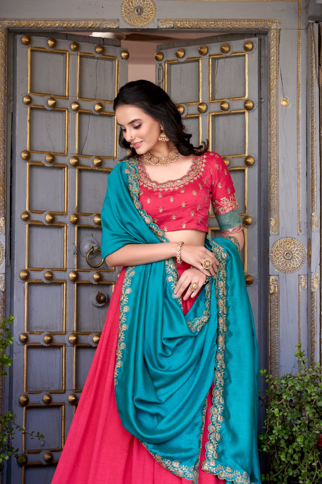 Pink color vichitra silk lehenga choli with dupatta online