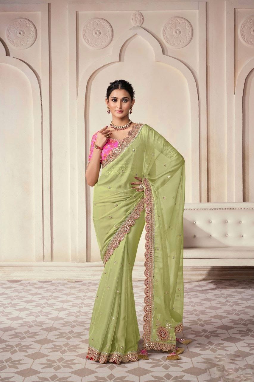 Green color organza saree for women