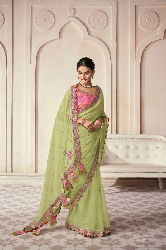Green color organza saree with blouse