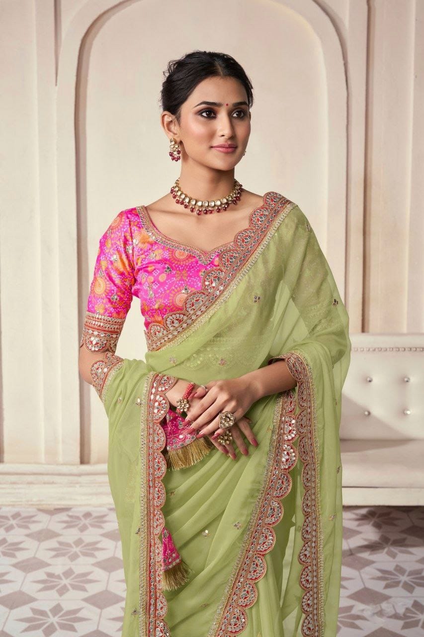 Green color organza saree with blouse price