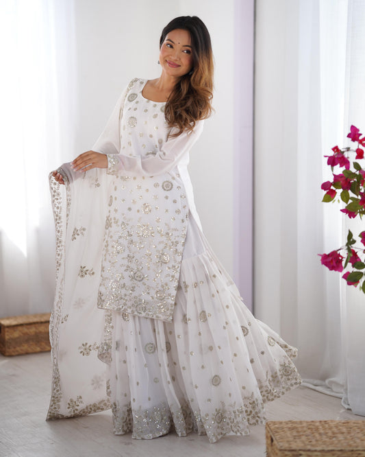 White color star georgette sharara suit for wedding