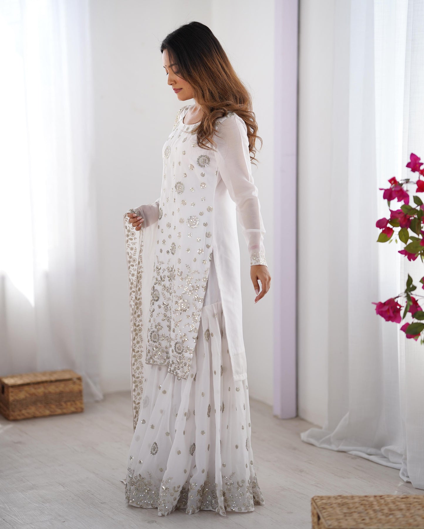 White color star georgette sharara suit with dupatta