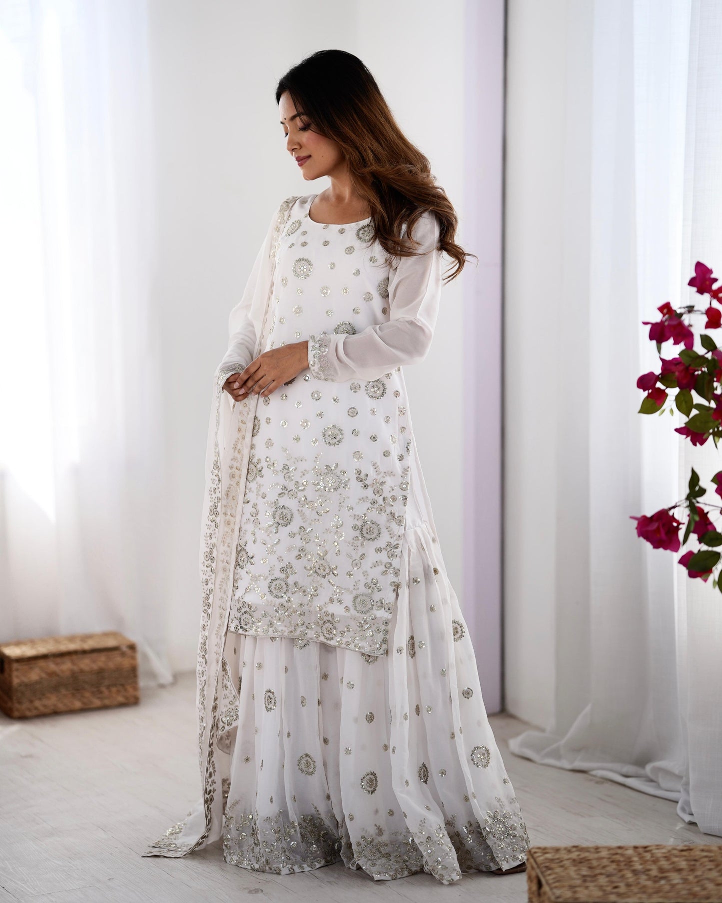 White color star georgette sharara suit for party
