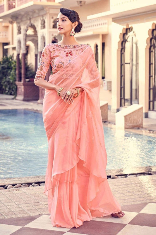 Peach color organza saree for wedding