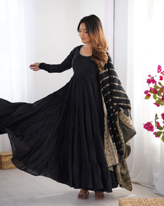 Black color roman silk chanderi gown for women