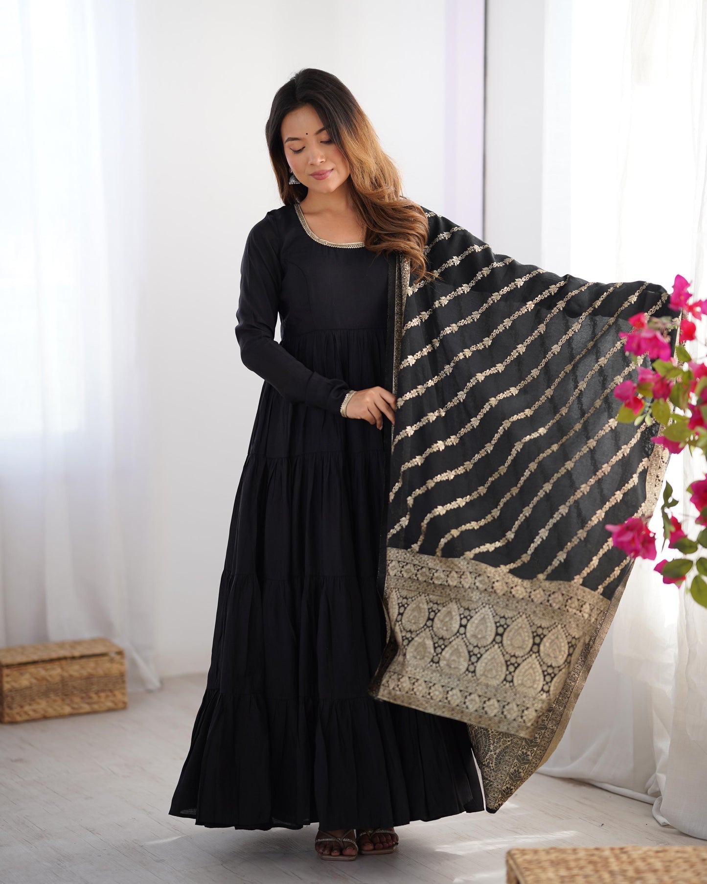 Black color roman silk chanderi gown with dupatta online