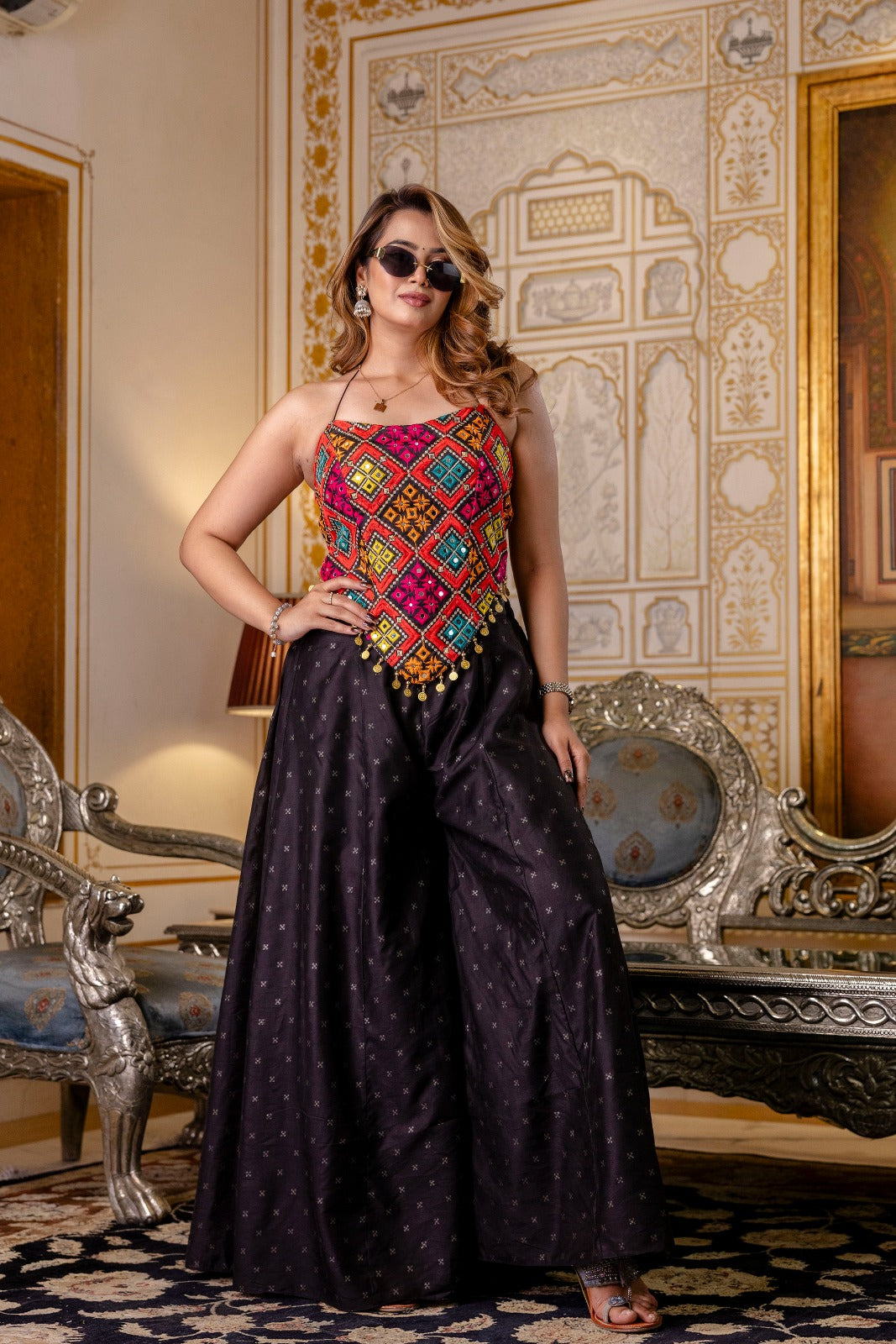 Black color banglori silk sharara suit for party