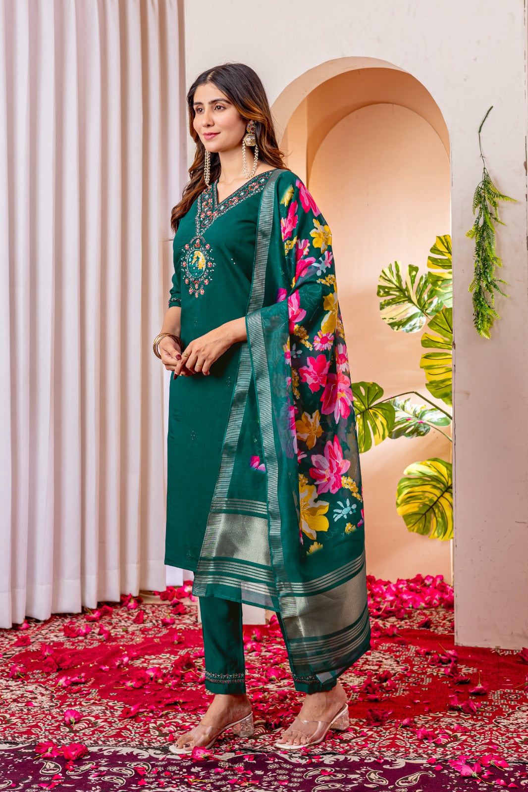 Green color viscose silk salwar kameez for women