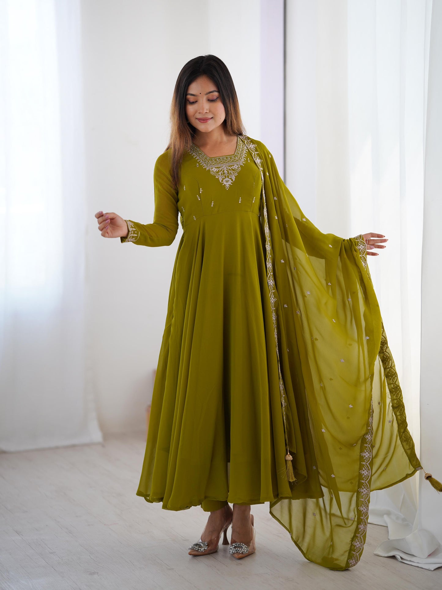 Mehndi color georgette gown with dupatta