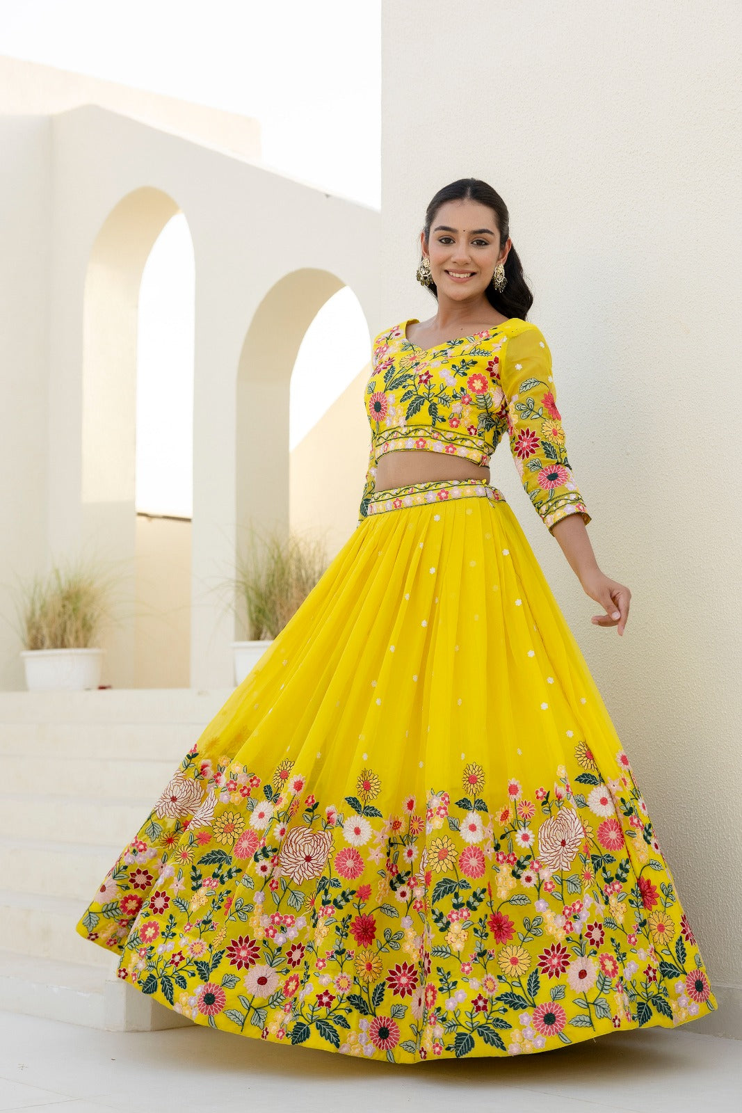 Yellow color organza lehenga choli for party