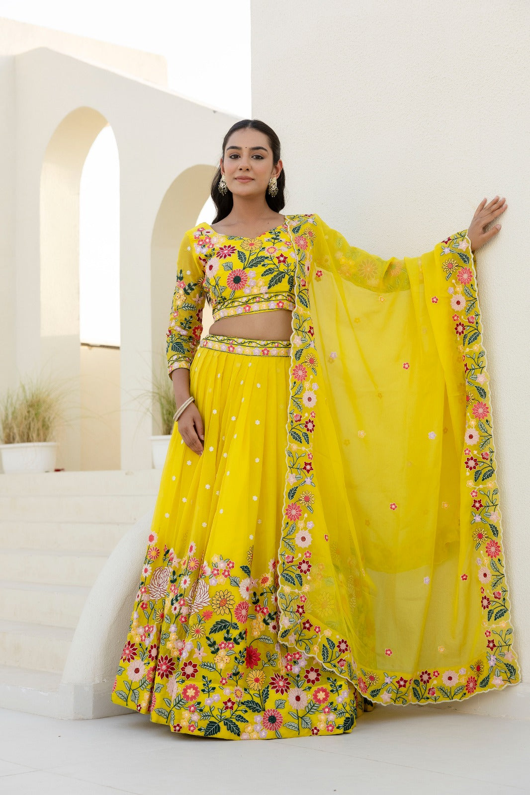 Yellow color organza lehenga choli with dupatta