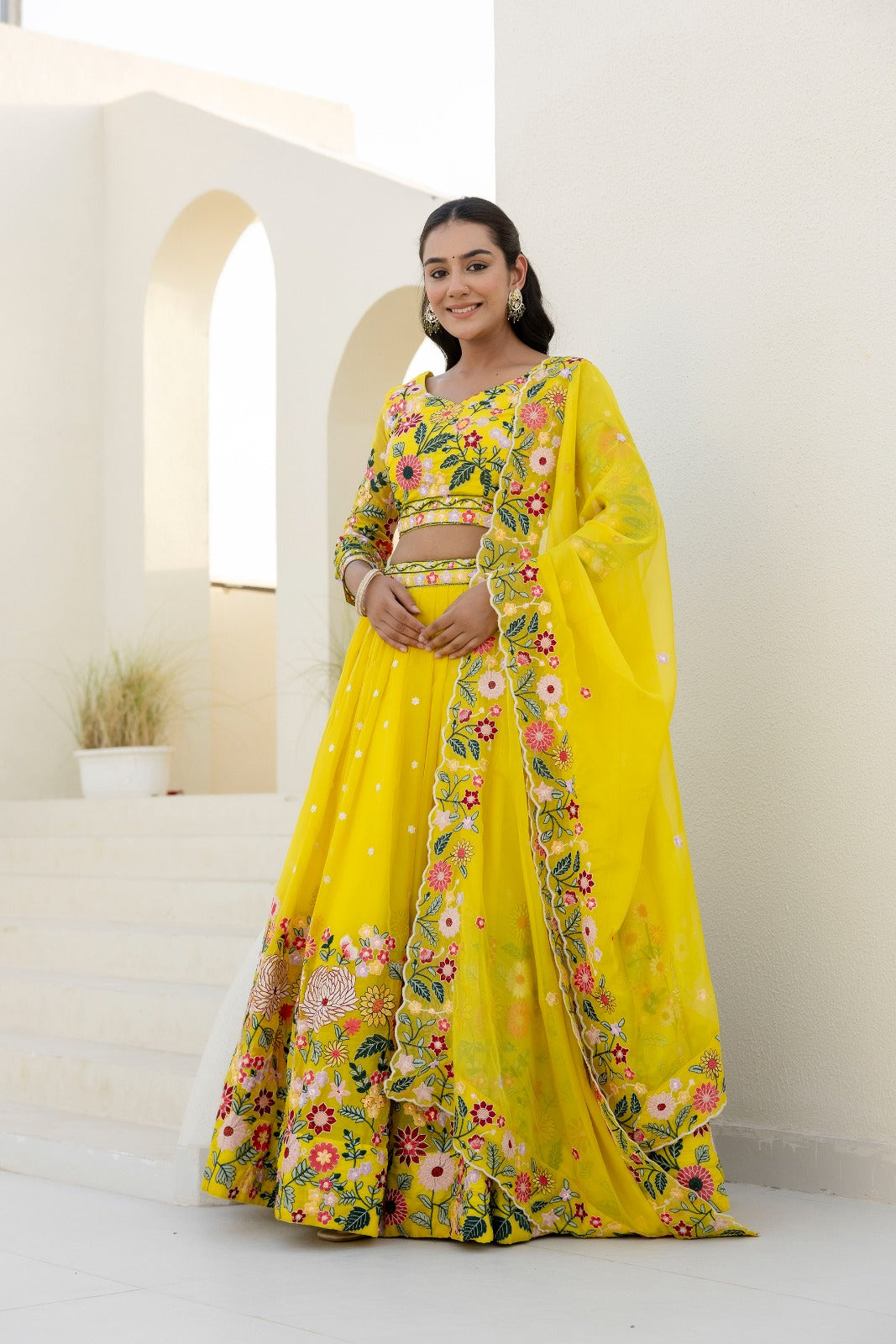 Yellow color organza lehenga choli with dupatta online