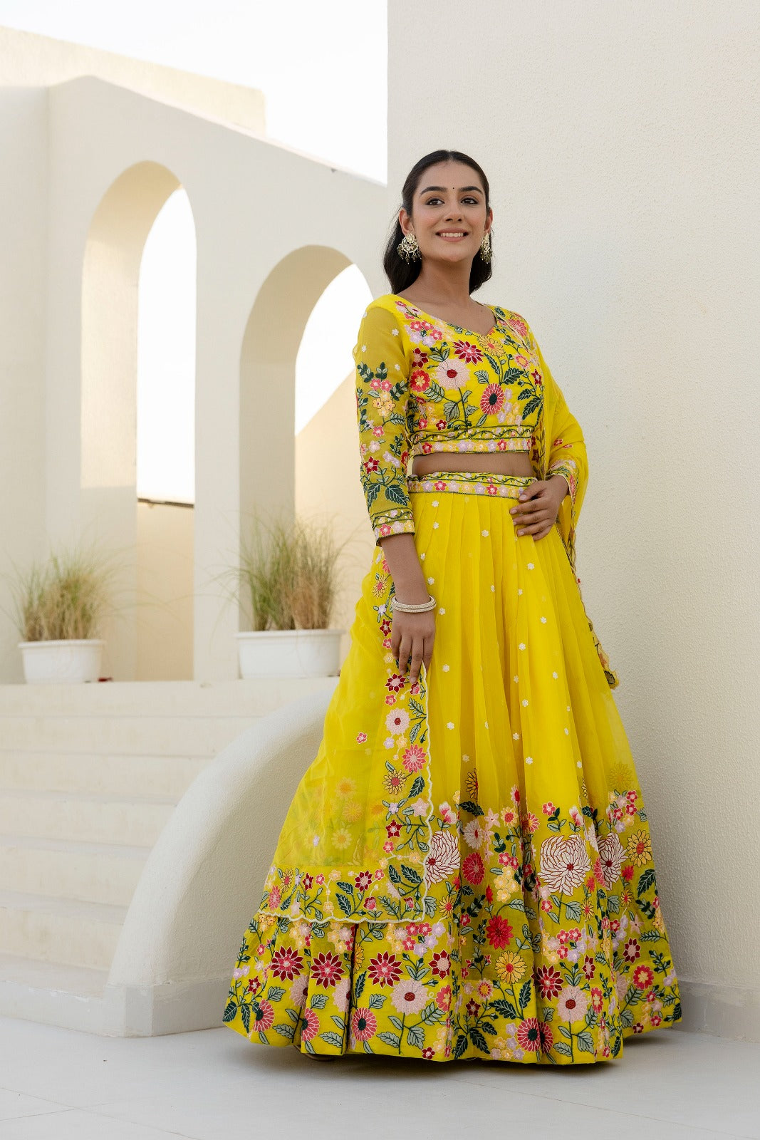 Yellow organza lehenga choli with dupatta price