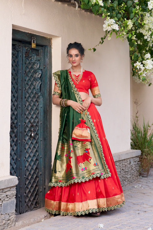 Red jacquard silk lehenga choli for wedding