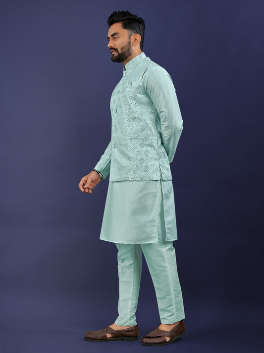 Rama color sequins work kurta with koti price