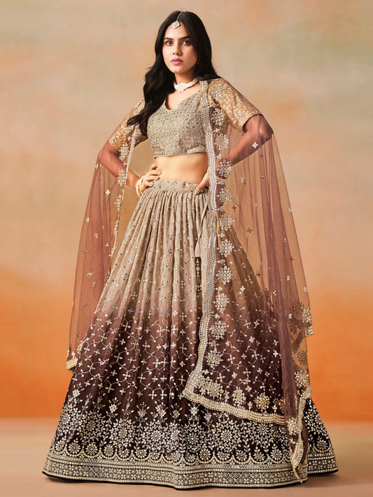 Brown color embroidery work chaniya choli