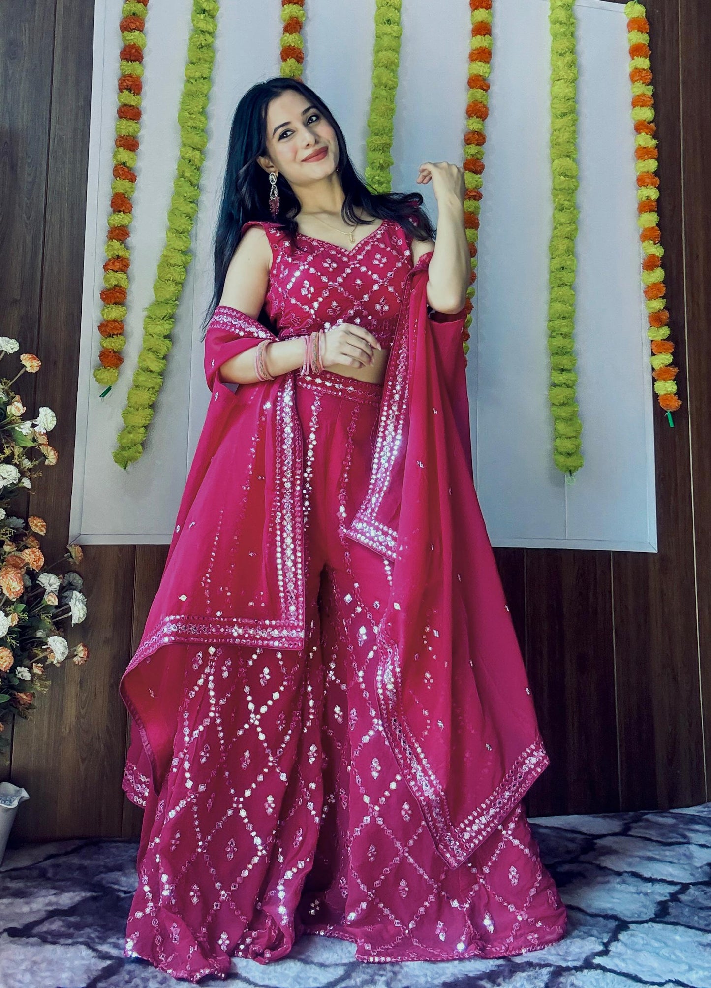 Wedding wear pink georgette plazzo suit in USA