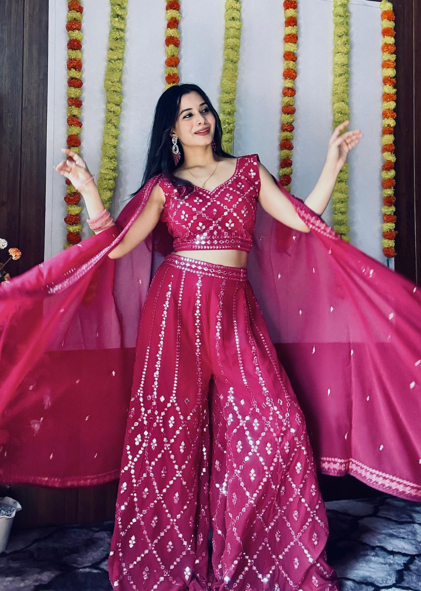 Women Pink color mirror work suit with shrug