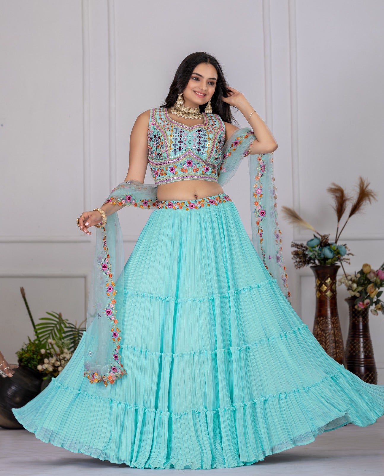 Sky blue color georgette lehenga choli with dupatta