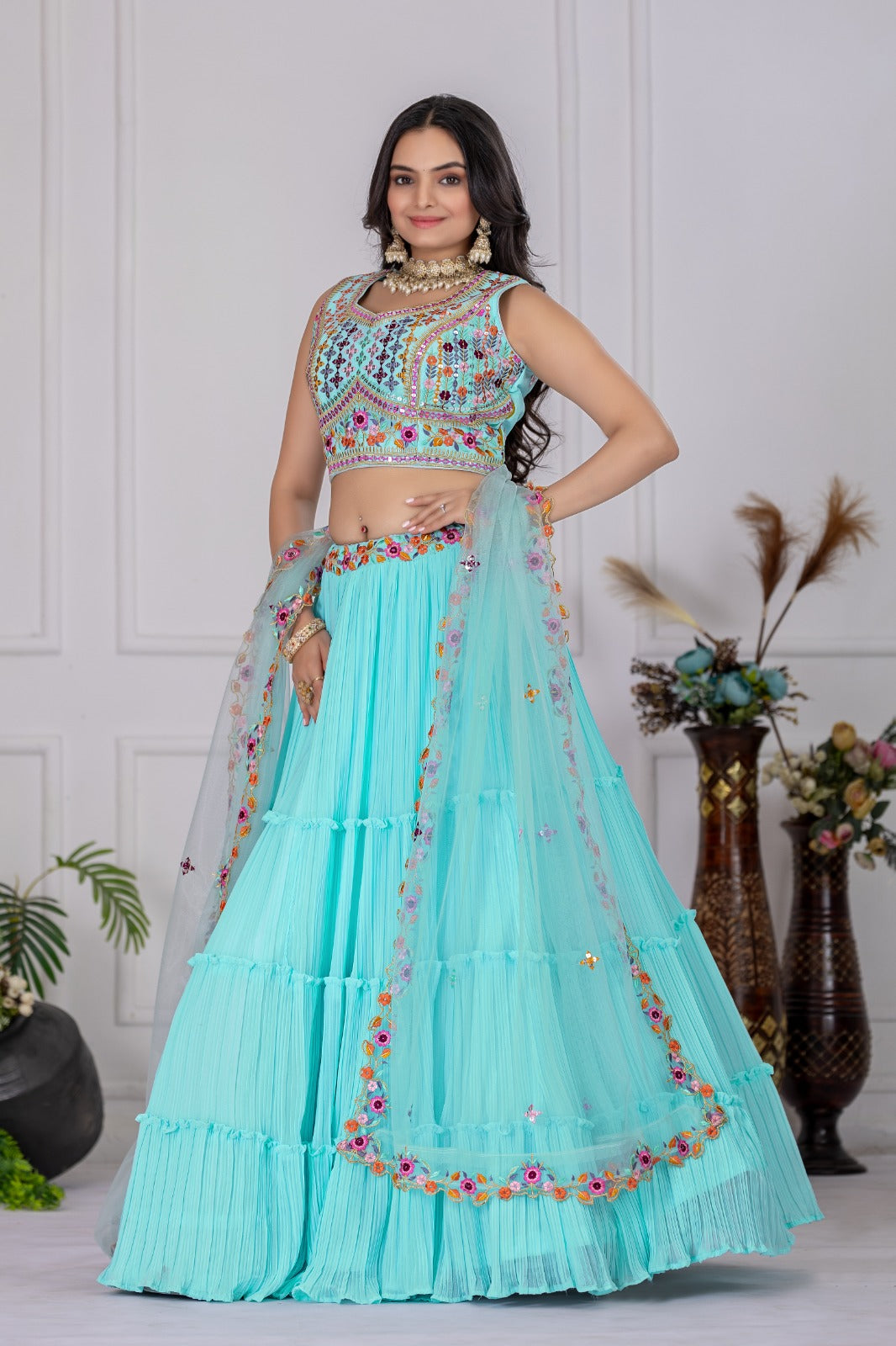 Sky blue georgette lehenga choli with dupatta price