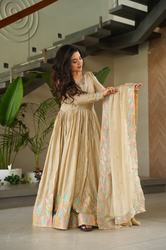 Gorgeous Beige Color Chinon Sharara Suit For Eid Festive