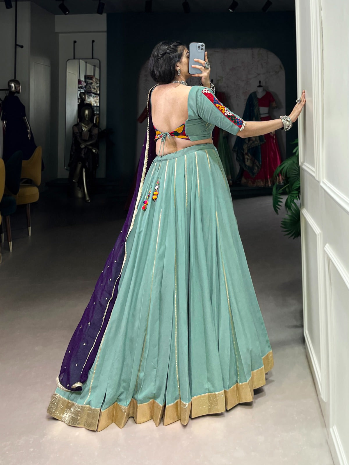 Green color rayon lehenga choli for women