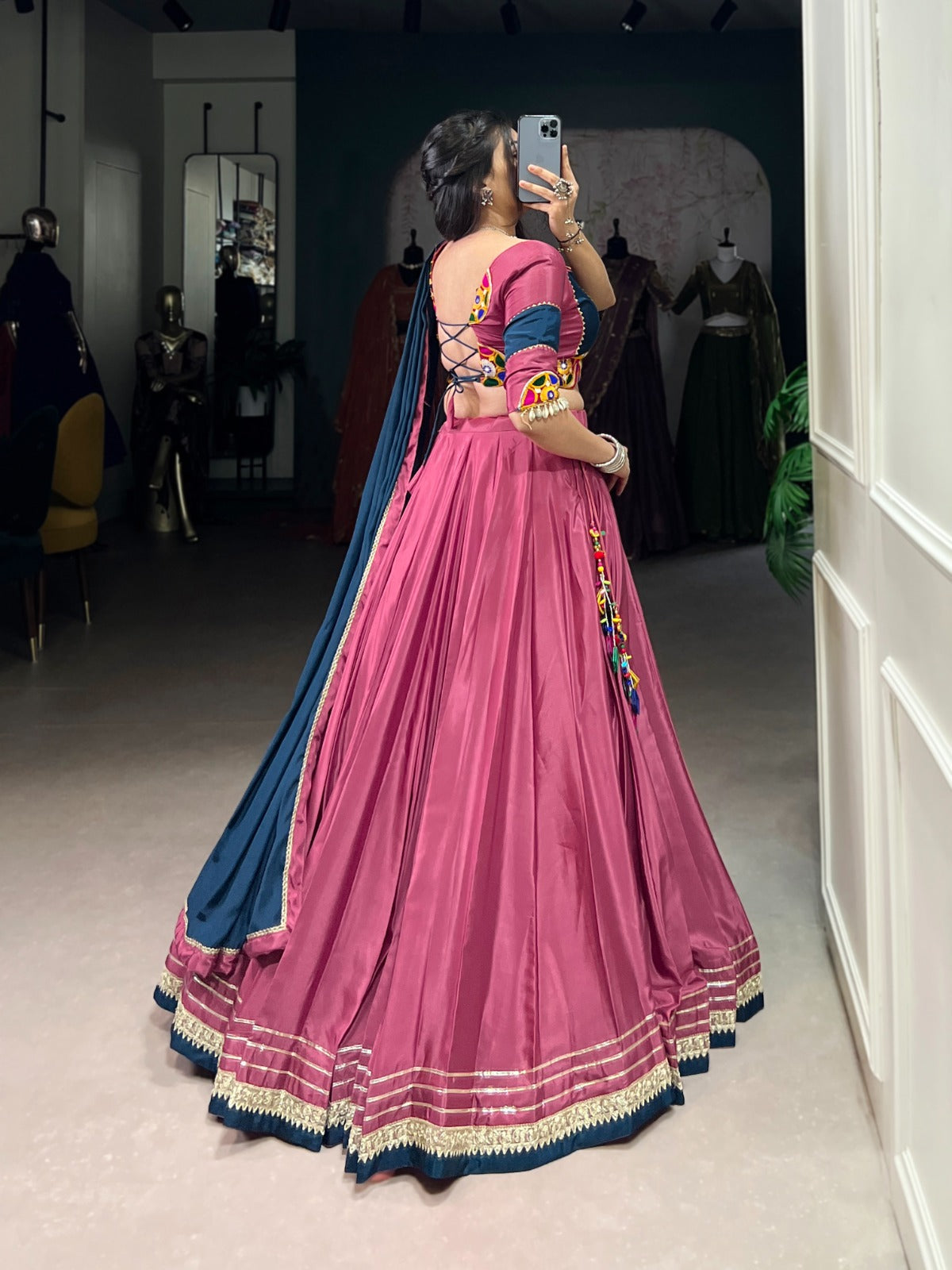 Pink color gamthi work lehenga choli online