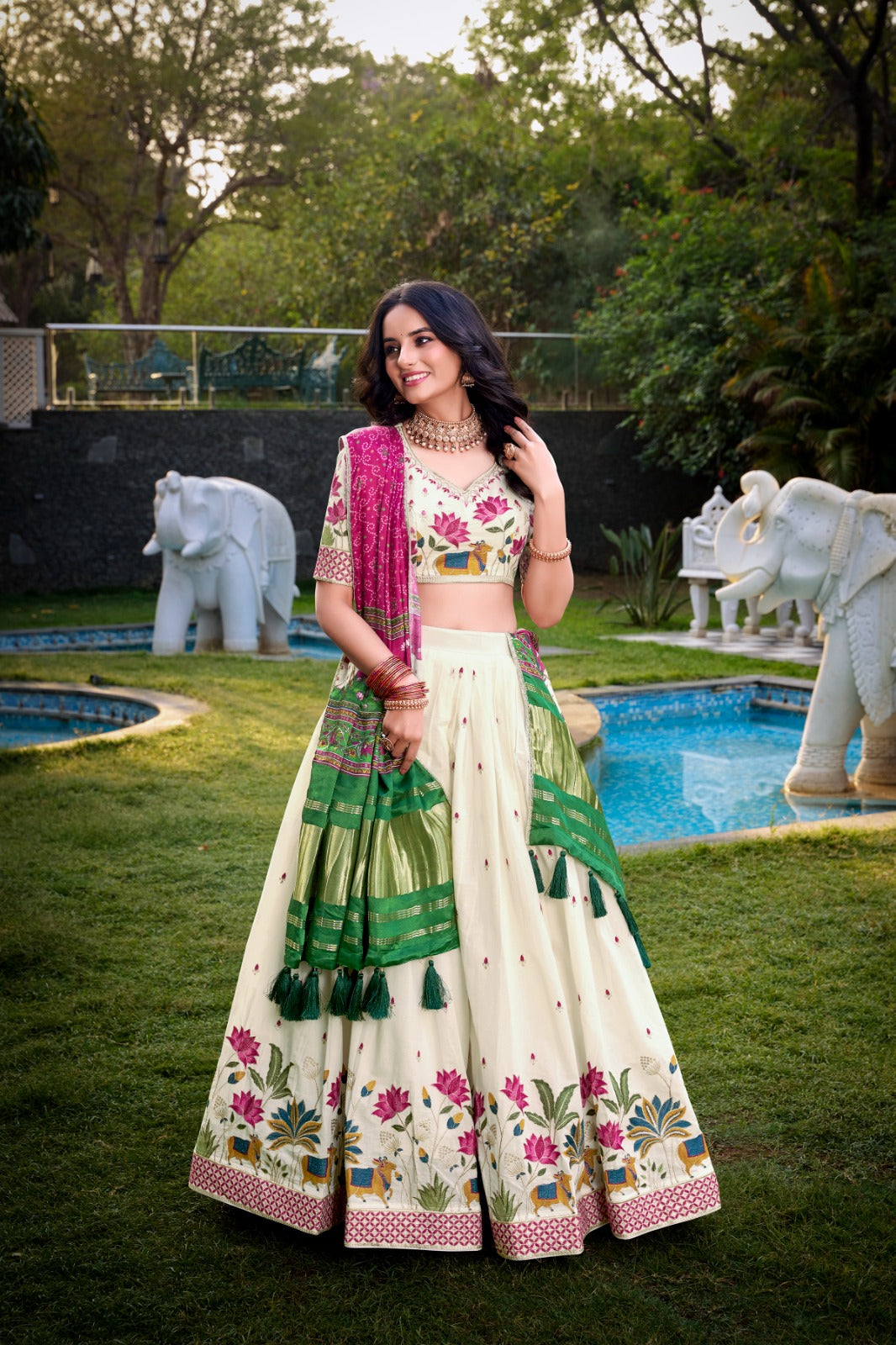 White color khadi cotton lehenga choli for women with dupatta