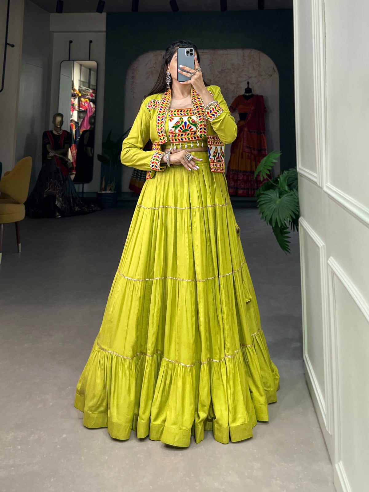 Parrot green color rayon lehenga choli