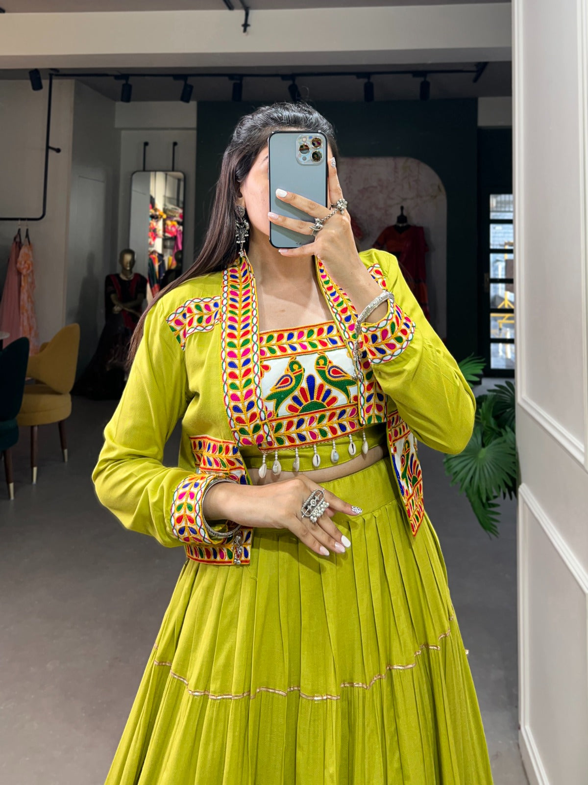 Parrot green color rayon chaniya choli