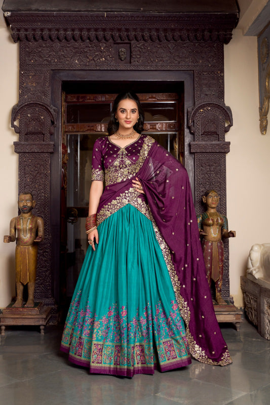Firozi color tussar silk lehenga choli