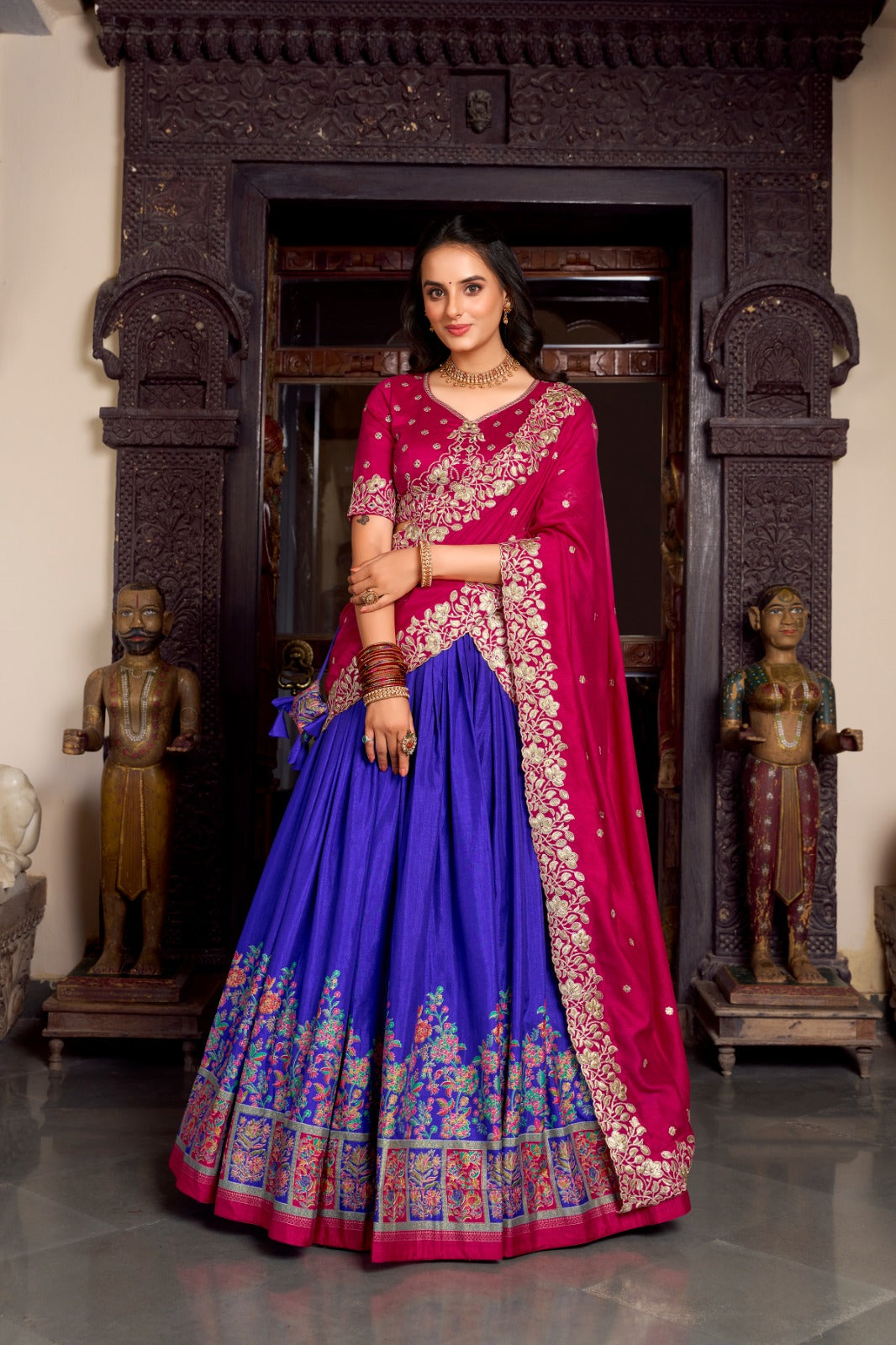 Blue color tussar silk lehenga