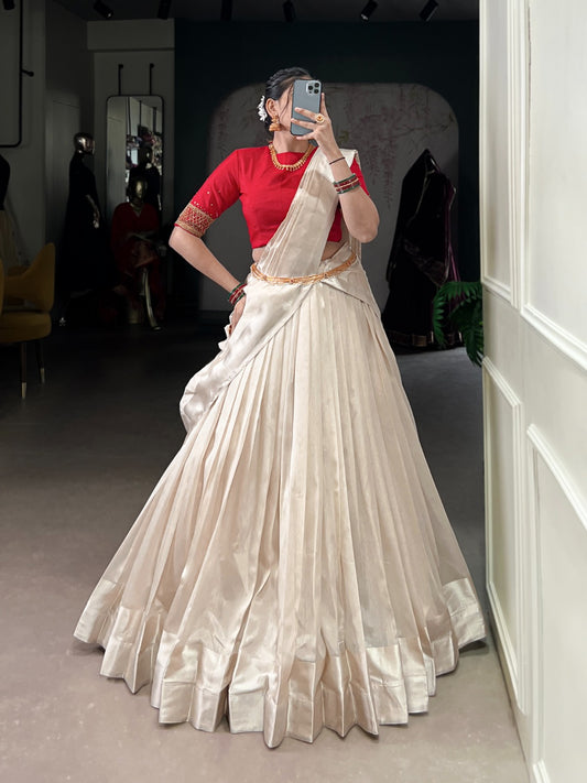 Red color poly tasar ghagra choli for women with dupatta