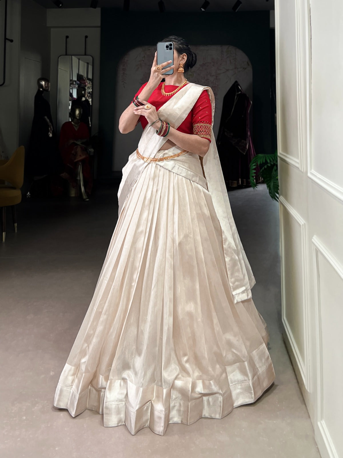 Red color poly tasar ghagra choli for women online