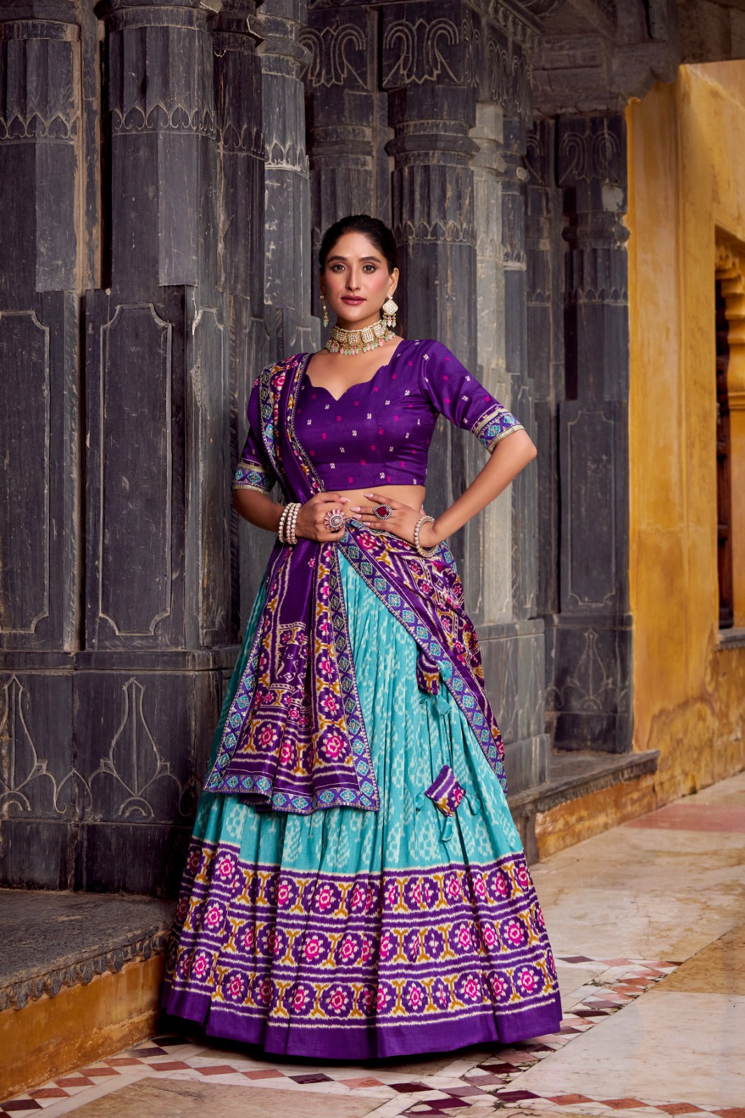 Sea blue color tussar silk lehenga choli