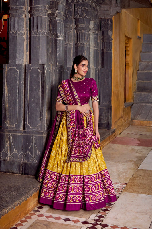 Mustard color ikkat printed chaniya choli