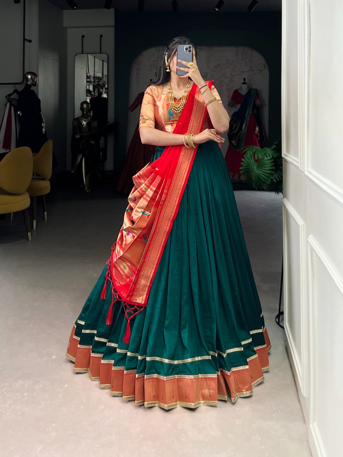 Green color vichitra silk lehenga