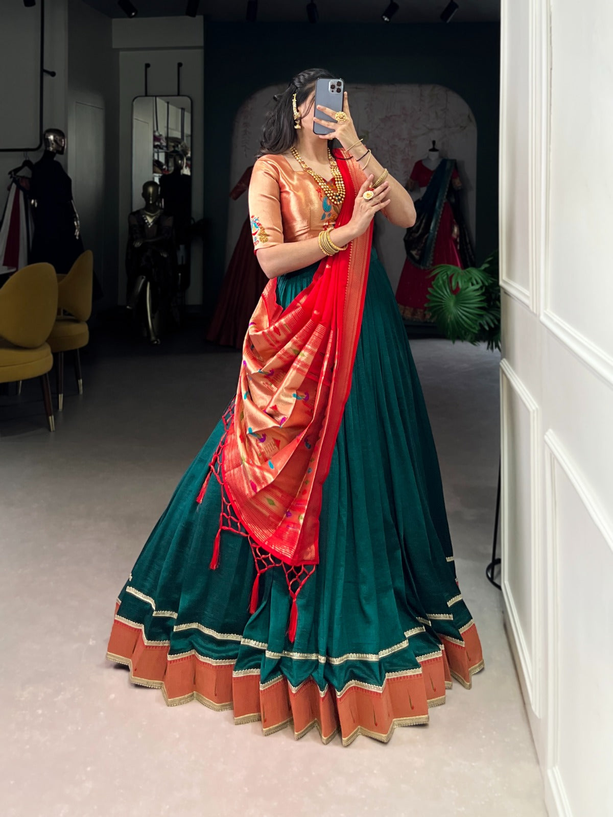 Womens wear green lehenga