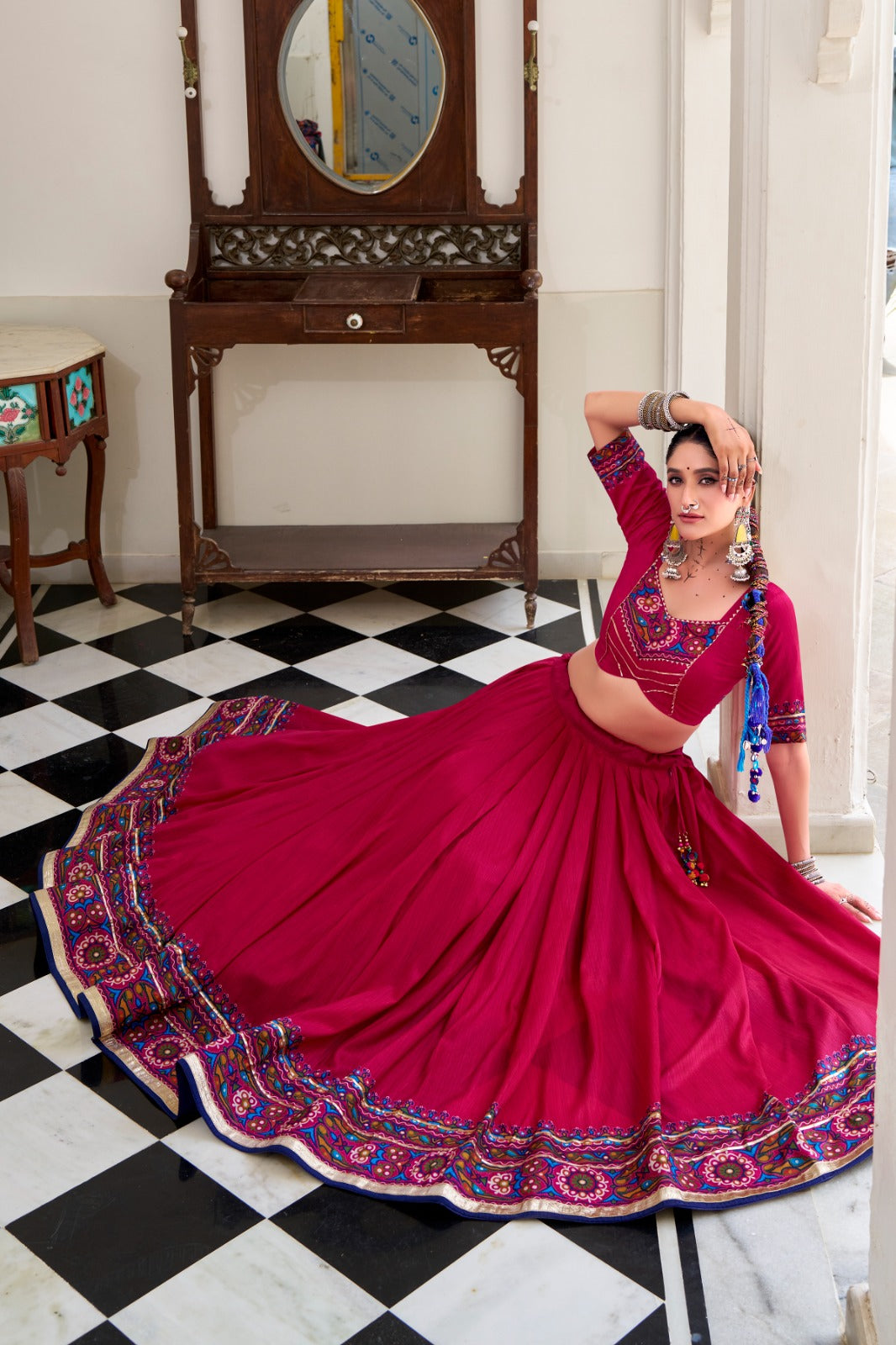 Pink color tussar silk lehenga