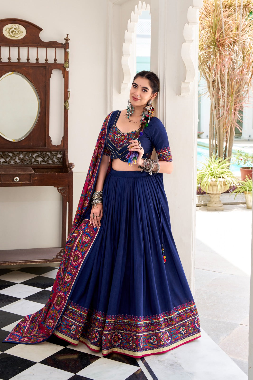 Blue color tussar silk lehenga