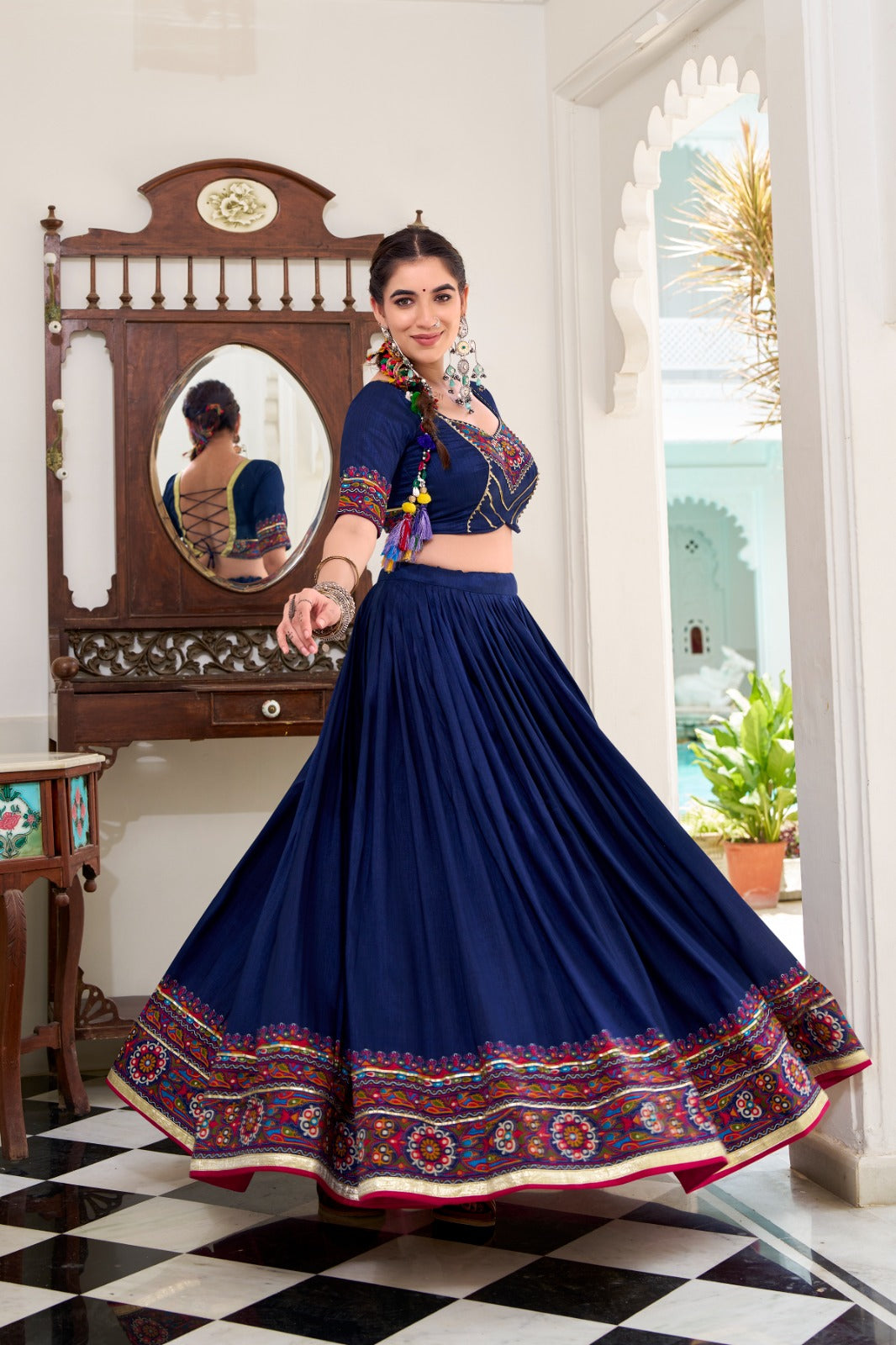 Navy blue gamthi print chaniya choli