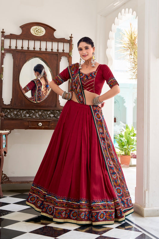 Red color tussar silk gamthi print lehenga choli online shopping