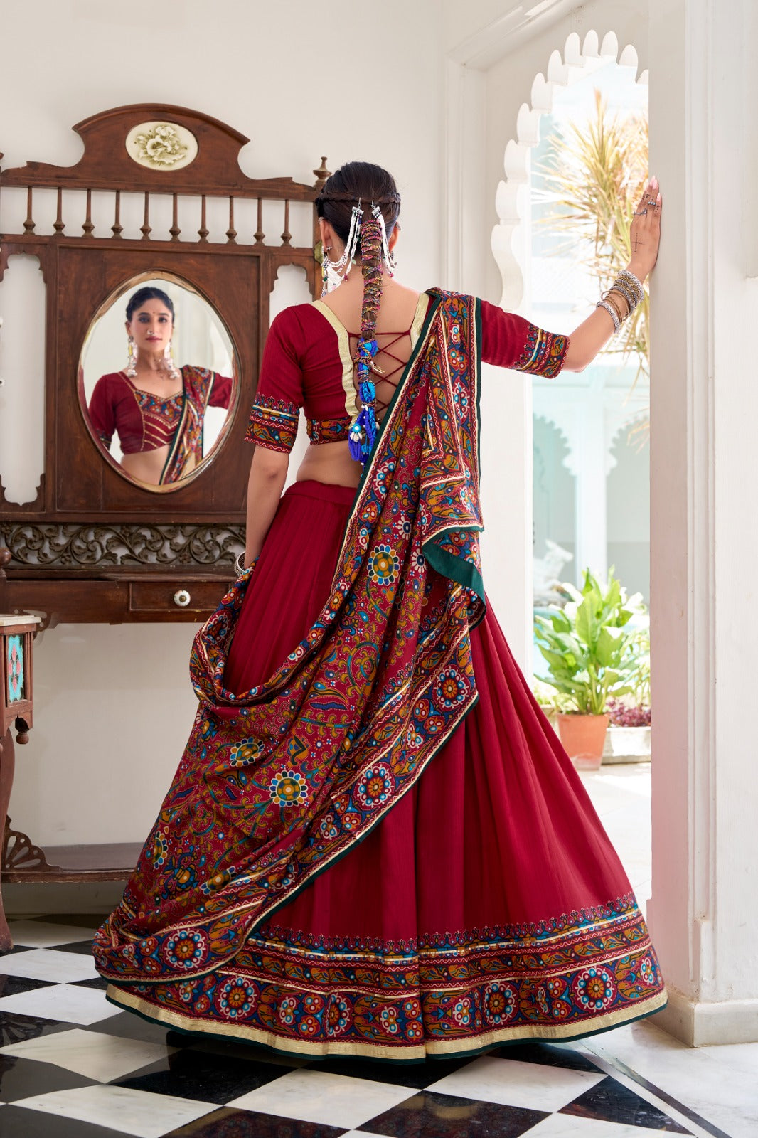 Red color tussar silk gamthi print lehenga choli online