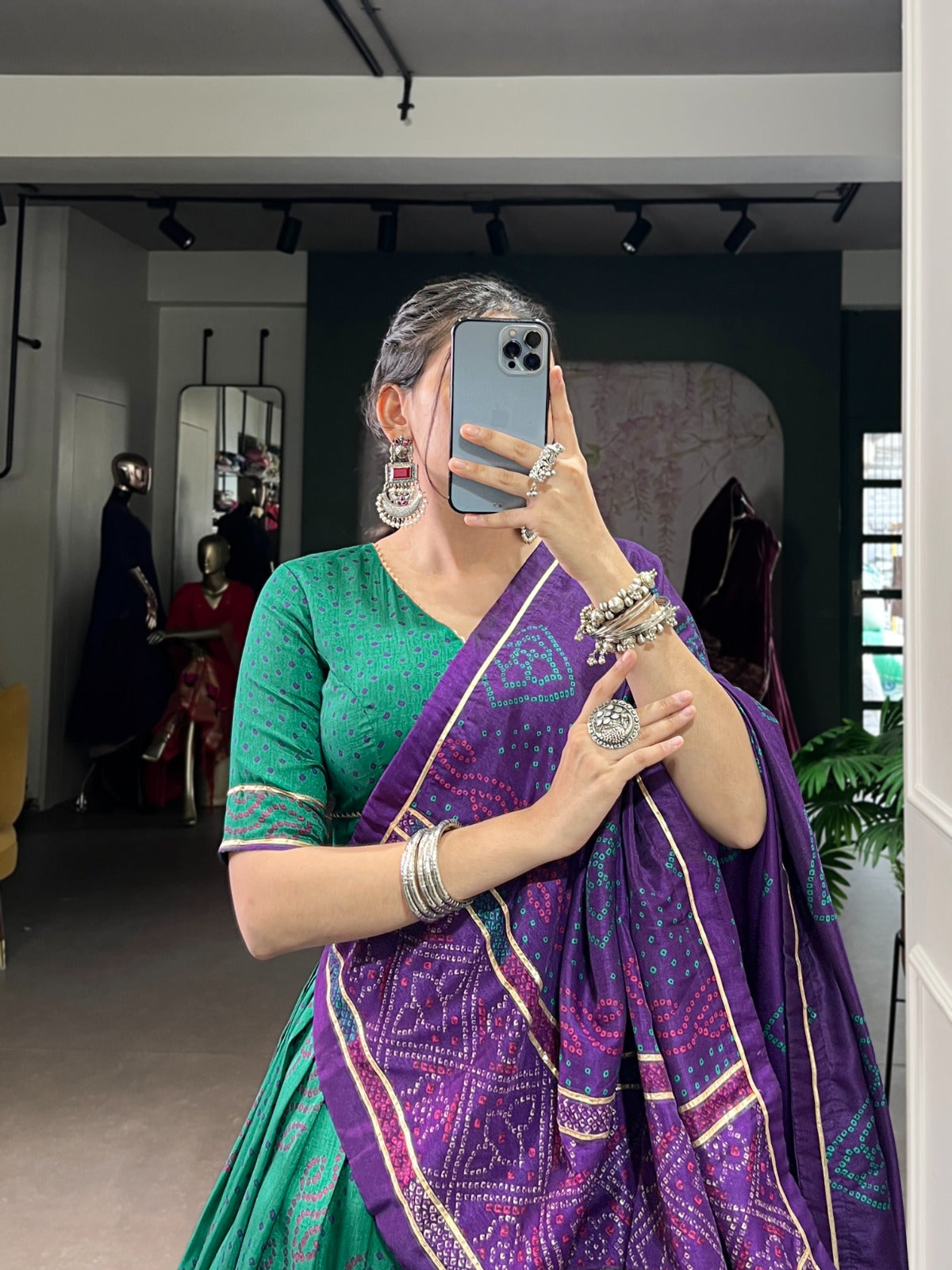 Green color bandhej printed ghagra choli in USA