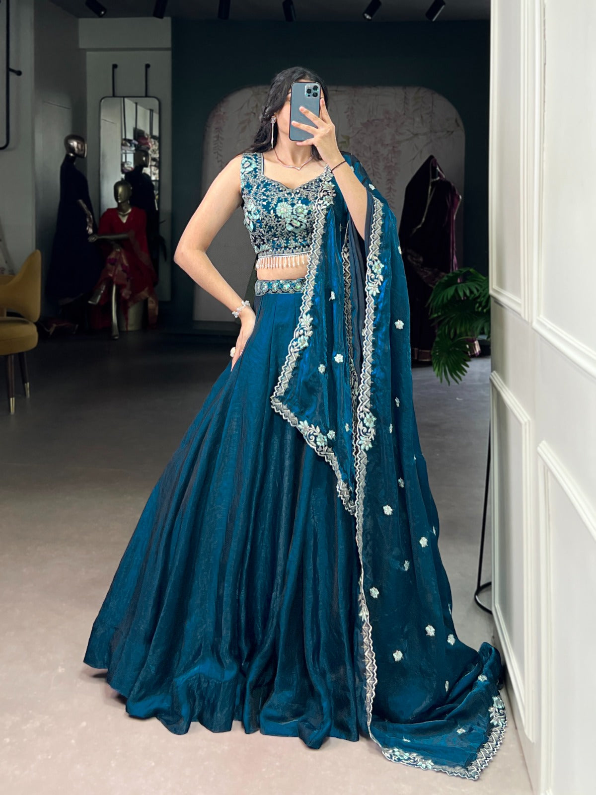 Peacock blue fendi chaniya choli for party