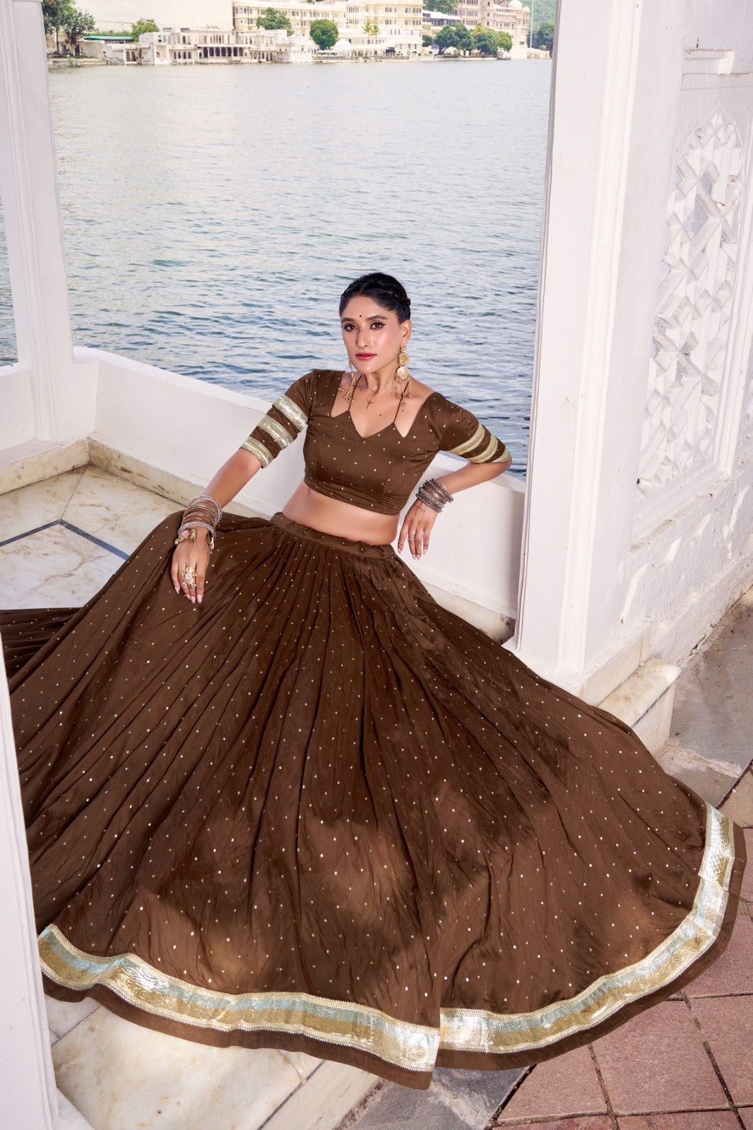 Brown zari weaving lehenga choli for festive