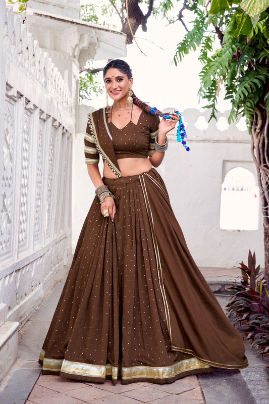 Brown chanderi ghagra choli with dupatta